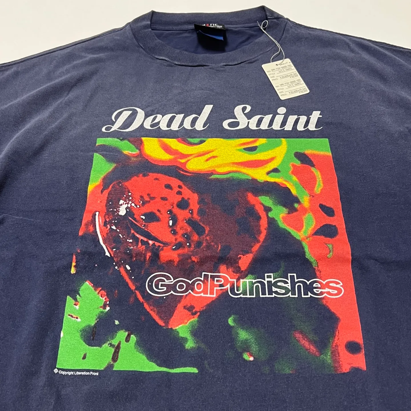 SAINT Mxxxxxx DEAD SAINT SS TEE/NAVY DEAD SAINT printed short sleeves God's Punishment TEE Washed blue S-XL Genuine consistent tube weaving without side seams High weight OE yarn fabric Assute dyeing Multiple horse fades Heavy wash water Worn holes Original consistent main mark/wash mark/little angel anti-counterfeiting mark